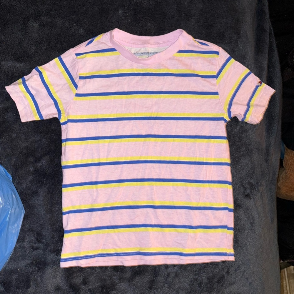 Tommy Hilfiger Pink and Blue Striped Short Sleeve Tee
